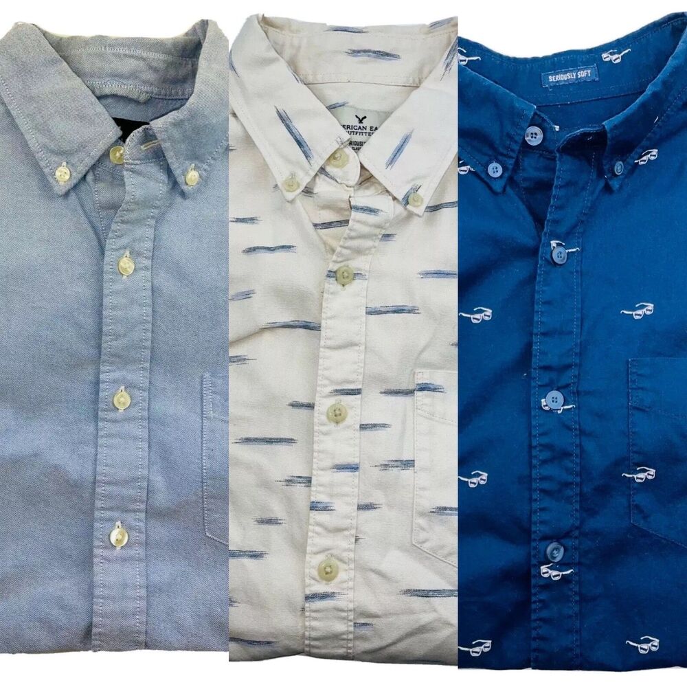 Lot of 3 American Eagle AE Mens Medium Cotton Button-Down Casual Shirts